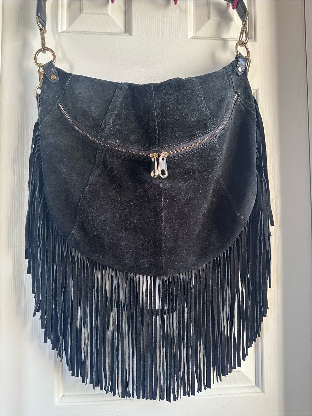 Festival Large Black Genuine Suede Fringe Half Moon Bag Zip Front Purse EUC